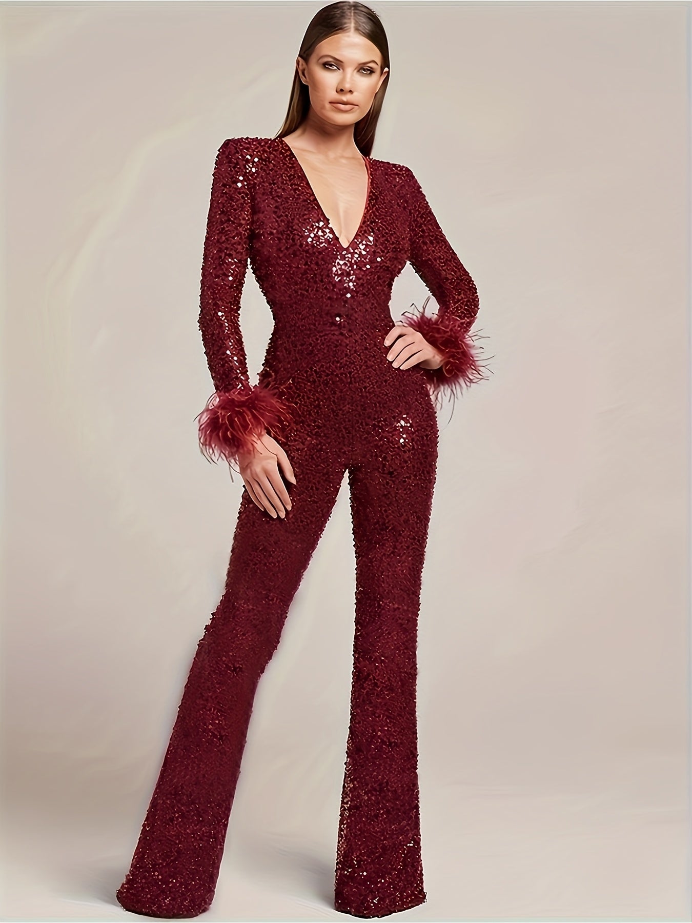 Women's Elegant Black Sequin V-Neck Jumpsuit with Details - Sleeve Flared Leg Party Outfit for Fall/Winter, Glittery Polyester Blend, Hand Wash Only